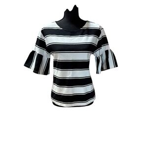 M&S black & white striped top featuring short, flared sleeves and a relaxed fit.